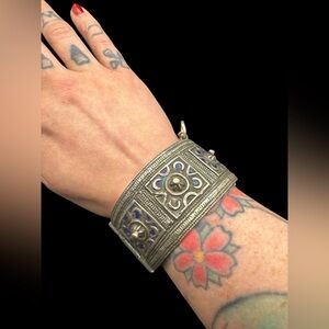 Vintage Sterling Silver Enamel Moroccan Berber Clamper Hinged Bracelet 126 grams